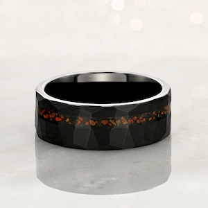 Black Hammered Ring Fossilized Dinosaur Bone, Unique Wedding Band