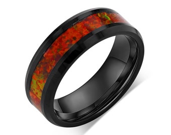 IRIDESCENCE - Tungsten Carbide Black Ring 8mm w/ Red Opal