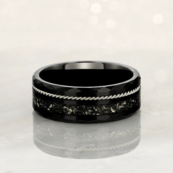 TETHER - Tungsten Carbide Black Ring 8mm w/ Crushed Meteorite and Silver Rope