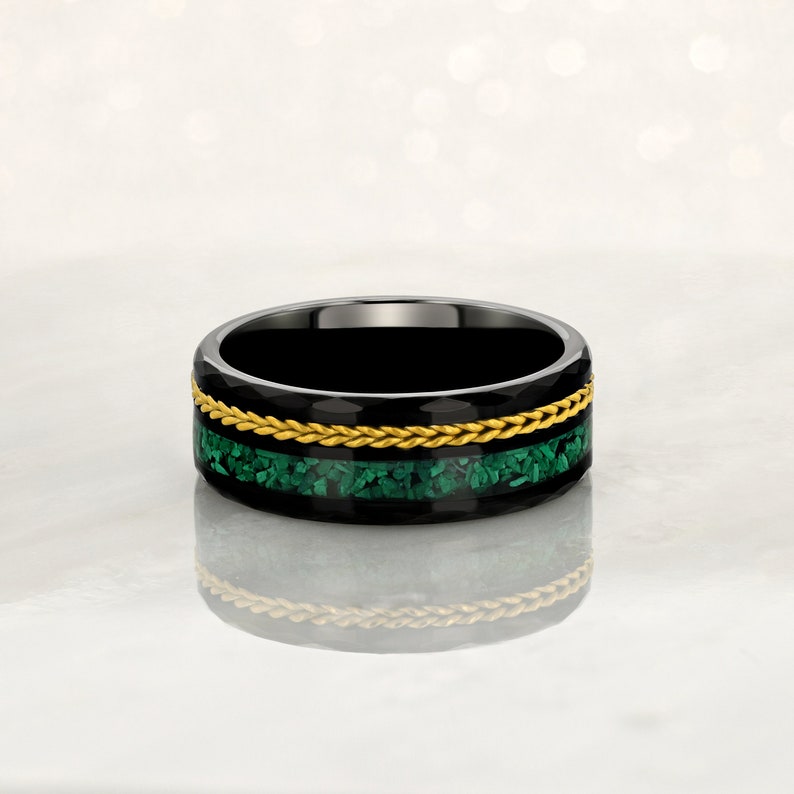 Malachite Mens Ring Black Tungsten Yellow Gold Wire Wrapping Etsy