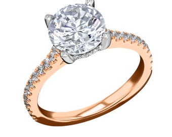 BRILLIANT HIDDEN HALO - 2 Carat Round Lab Diamond, VS1 Clarity, E Color W/ 14K, 18K White Gold, Rose Gold, Yellow Gold