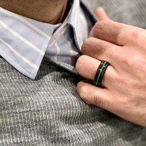 HALO Tungsten Carbide Black Ring 8mm w/ Green Opal and Koa Wood image 2
