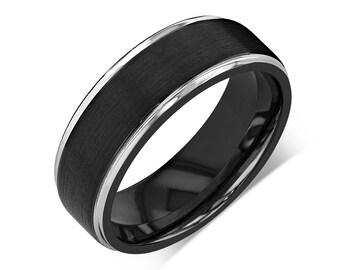 Tungsten Carbide Black Ring 8mm w/ Silver Edges