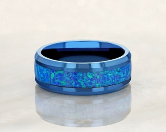 Anel azul de carboneto de tungstênio 8 mm com opala azul