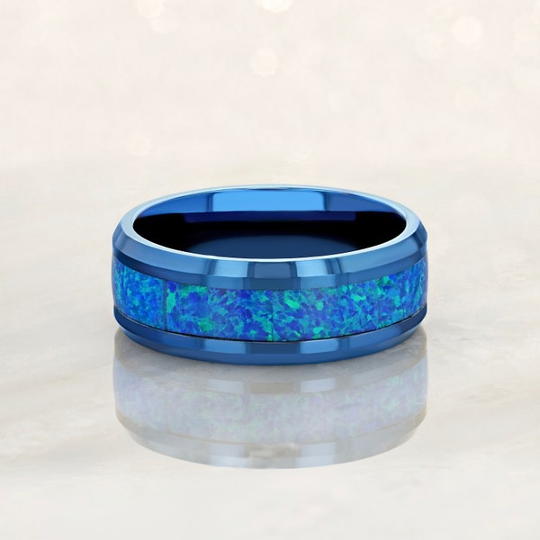 IRIDESCENCE - Tungsten Carbide Blue Ring 8mm w/ Blue Opal
