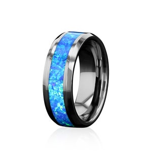 Blue Opal Tungsten Carbide, Silver Blue Opal Ring, Opal Wedding Band