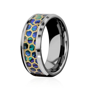 HONEYCOMB - Tungsten Carbide Silver Ring 8mm w/ Abalone and Gold Honeycomb Design