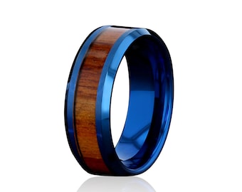 ELEMENTAL - Tungsten Carbide Blue Ring 8mm w/ Koa Wood