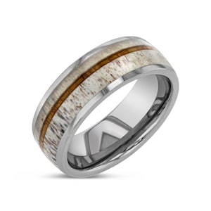 Asymmetrical Whiskey Barrel and Naturally Shed Deer Antler Tungsten Carbide Silver Ring