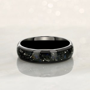 Moonstone Ring, Tungsten Carbide Black Ring 6mm w/ Subtle Blue Moonstone and Meteorite Specs