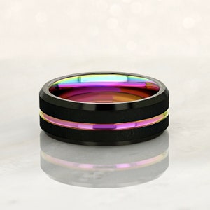 EQUINOX - Tungsten Carbide Black Ring 8mm w/ Rainbow Middle Line