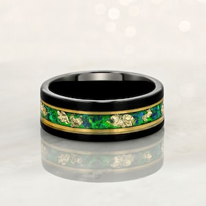 Tungsten Carbide Black Ring 8mm, 6mm Green Opal, Gold Accents and Gold Leaf, Men&#39;s Wedding Band