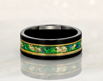 Anel de carboneto de tungstênio preto 8 mm, opala verde de 6 mm, detalhes em ouro e folha de ouro, aliança de casamento masculina
