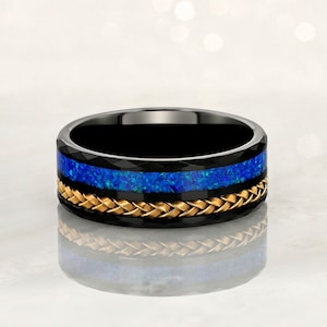 Blue Crushed Opals, Tungsten Carbide Black Ring 8mm w/ Blue Opal and Rose Gold Weave
