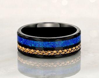 TETHER - Tungsten Carbide Black Ring 8mm w/ Blue Opal and Rose Gold Weave