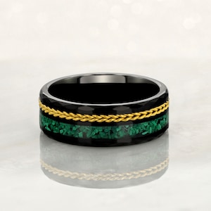 Tungsten Carbide Black Ring 8mm Malachite and Gold Rope, Wedding Band