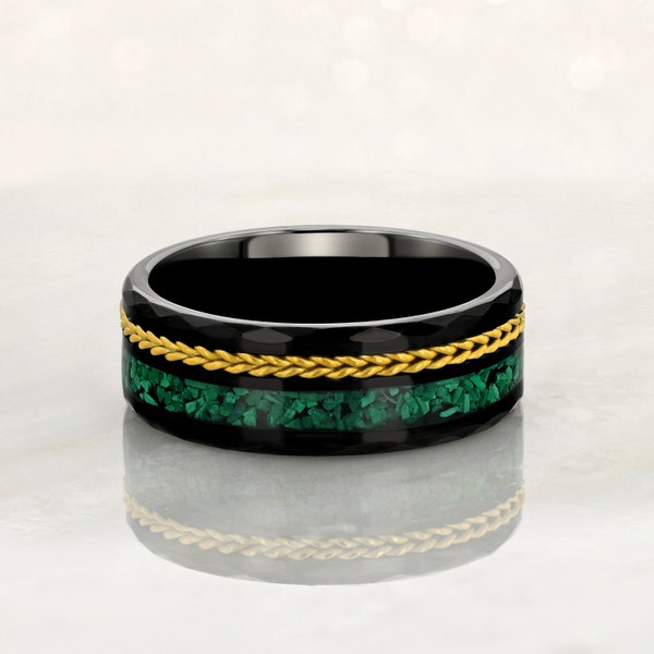 Tungsten Carbide Black Ring 8mm Malachite and Gold Rope, Wedding Band
