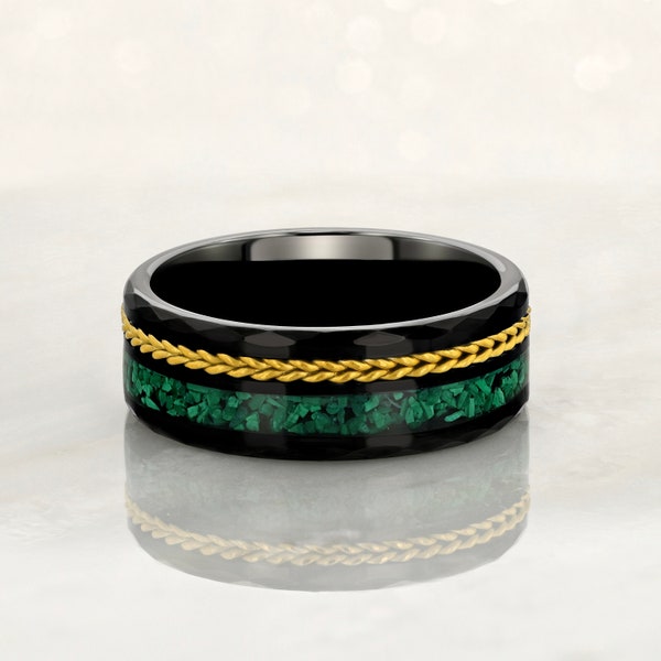 TETHER - Tungsten Carbide Black Ring 8mm w/ Malachite and Gold Rope