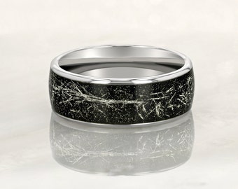 Anel de prata de carboneto de tungstênio 8 mm, 6 mm com poeira de meteorito e especificações de prata