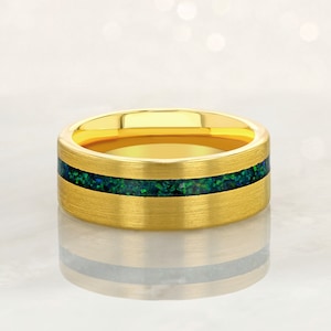 Gold Tungsten Carbide Gold Ring 8mm w/ Crushed Green Opal, Green Gold Ring, Emerald Opal