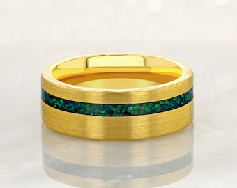 Anel de ouro de carboneto de tungstênio de 8 mm com opala verde triturada, anel de ouro verde, opala esmeralda