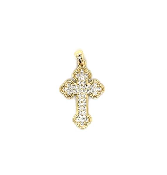 18K Yellow Gold Orthodox Cross, Pave Lab Diamond Greek Cross