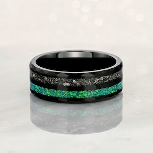 Meteorite and Crushed Green Opal Tungsten Carbide Black Ring, Two Row Inlay Ring, Black Ring