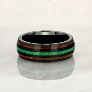 Green Opal and Koa Wood Tungsten Carbide Black Ring 8mm, Crushed Green Opal, October Birthstone