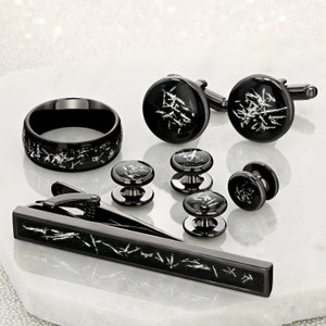 Grooms Collection, Cufflink Set, Tuxedo studs, Tie Bar with a Tungsten Carbide Black Ring 8mm, 6mm, 4mm w/ Meteorite Dust and Silver Specs