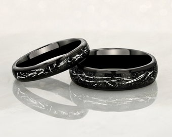 Couples - STARDUST - Tungsten Carbide Black Ring 8mm, 6mm, 4mm w/ Meteorite Dust and Silver Specs