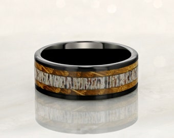 Tungsten Carbide Black Ring 8mm w/ Whiskey Barrel and Naturally Shed Deer Antler