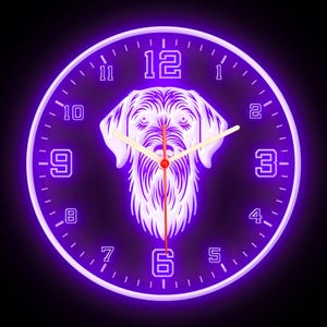 May include: A purple neon clock with a white silhouette of a dog's head in the center. The clock face has black numbers 1 through 12.