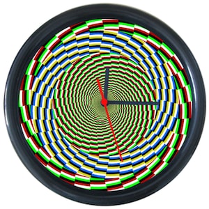 May include: A black clock with a red, green, blue, and yellow checkered pattern that creates a swirling optical illusion. The clock hands are black and red.