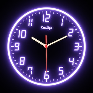 May include: A black clock with white neon numbers and a white rim. The clock face has a red second hand and white hour and minute hands. The clock face also has the text "EaseSign" in white.
