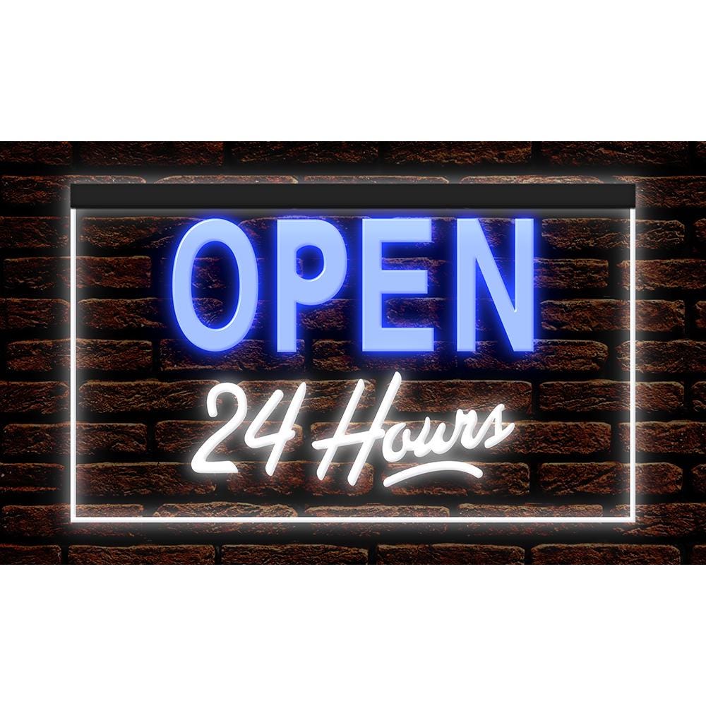 Open 24 Hours LED Neon Sign, Bar Shop Decor, Dual Color Options