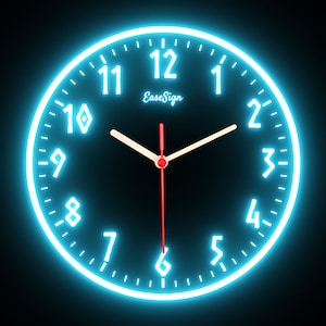 May include: A black clock face with white neon numbers and a blue neon outline. The clock hands are white and red. The clock face says "EaseSign" at the top.