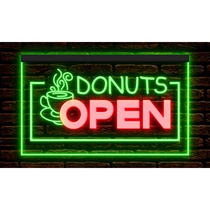 Letrero de neón con luz LED de noche de dos colores para cafetería, panadería y barra abierta de donuts DC110010