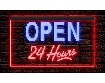Open 24 Hours LED Neon Sign, Bar Shop Decor, Dual Color Options