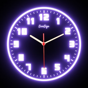 May include: A black clock face with white numbers and a red second hand. The clock has a purple neon glow around the edge. The clock face says "EaseSign" at the top.