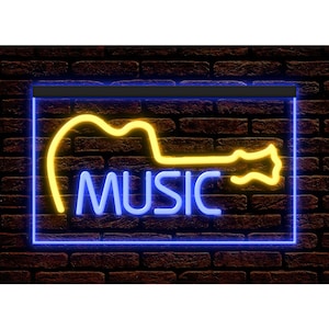 Acoustic Guitar LED Neon Sign, Music Shop Bar Decor Dual Colors