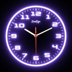 May include: A black clock face with white numbers and a white clock hand. The clock face is surrounded by a purple neon glow. The clock face says "EaseSign" at the top.