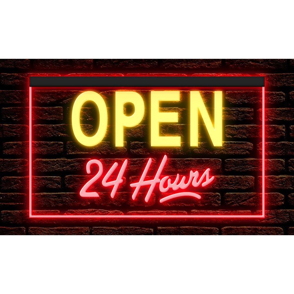Open 24 Hours LED Neon Sign, Bar Shop Decor, Dual Color Options