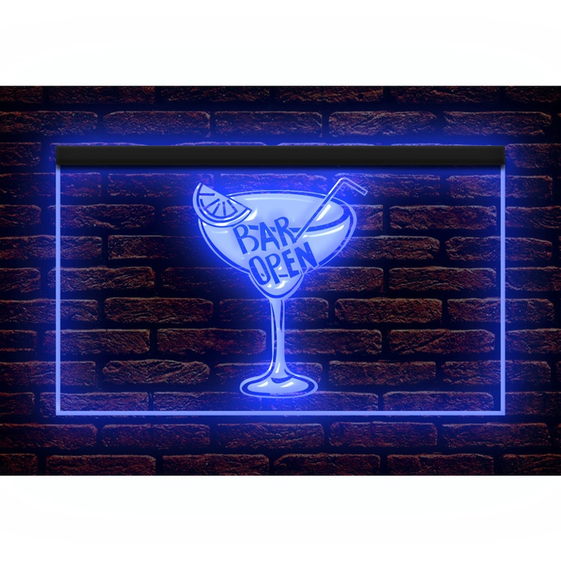 May include: A blue neon sign featuring a cocktail glass design with the words "BAR OPEN". The sign has a blue outline and is set against a brick wall background. The glass includes a lemon slice and a straw.