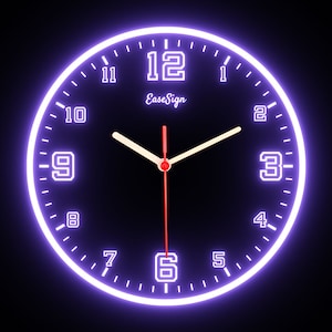 May include: A black clock face with white numbers and a white second hand. The clock face is surrounded by a purple neon glow. The clock face reads "EaseSign" at the top.