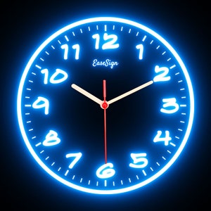 May include: A blue neon clock with white numbers and a red second hand. The clock face says "EaseSign".