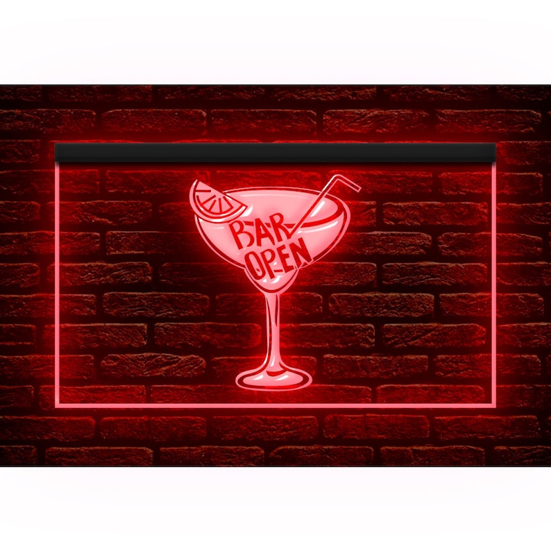 May include: A red neon sign featuring a margarita glass design with the text "BAR OPEN". The sign is set against a red brick wall. The margarita glass includes a straw and a lime wedge.