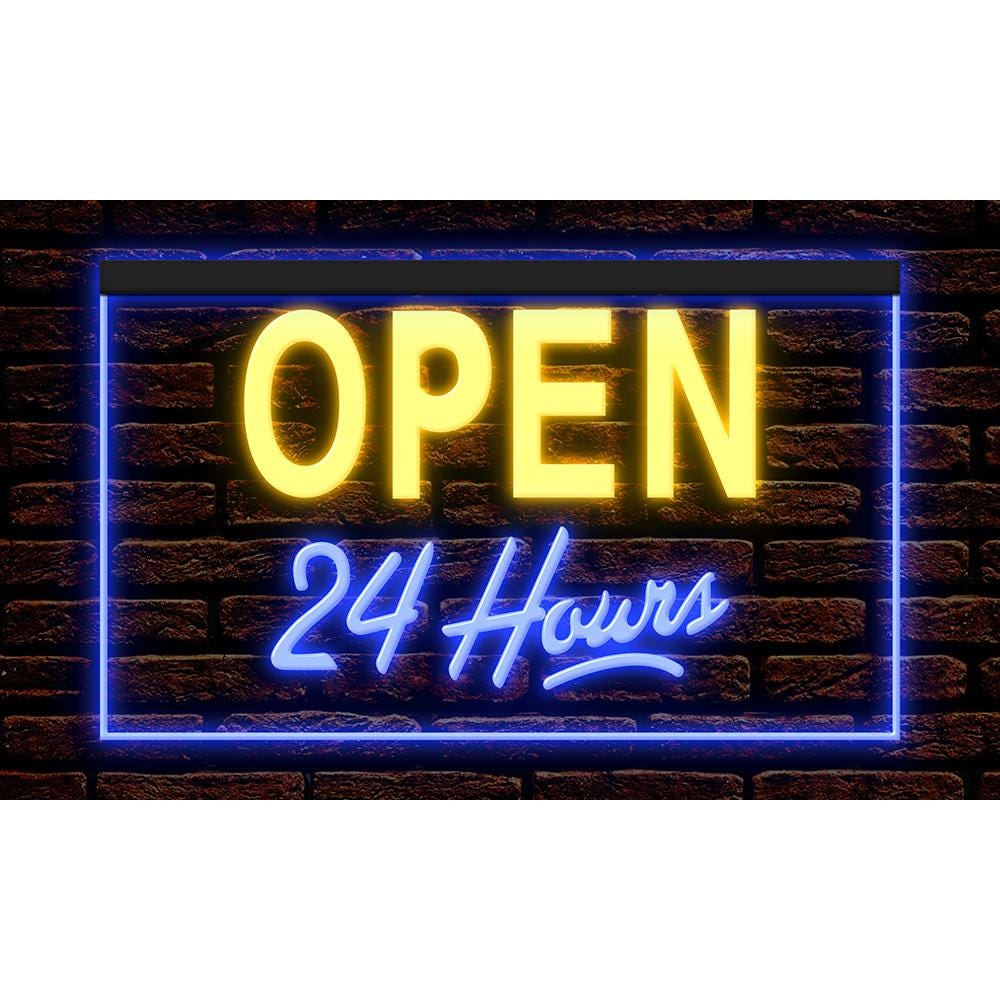Open 24 Hours LED Neon Sign, Bar Shop Decor, Dual Color Options