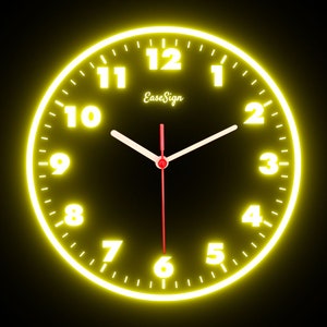 May include: A yellow neon clock with black numbers and hands. The clock face reads "EaseSign" and shows the time as 12:00.