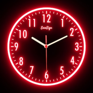 May include: A red neon clock with black background and white numbers. The clock face reads "EaseSign" and shows the time as 12:00.