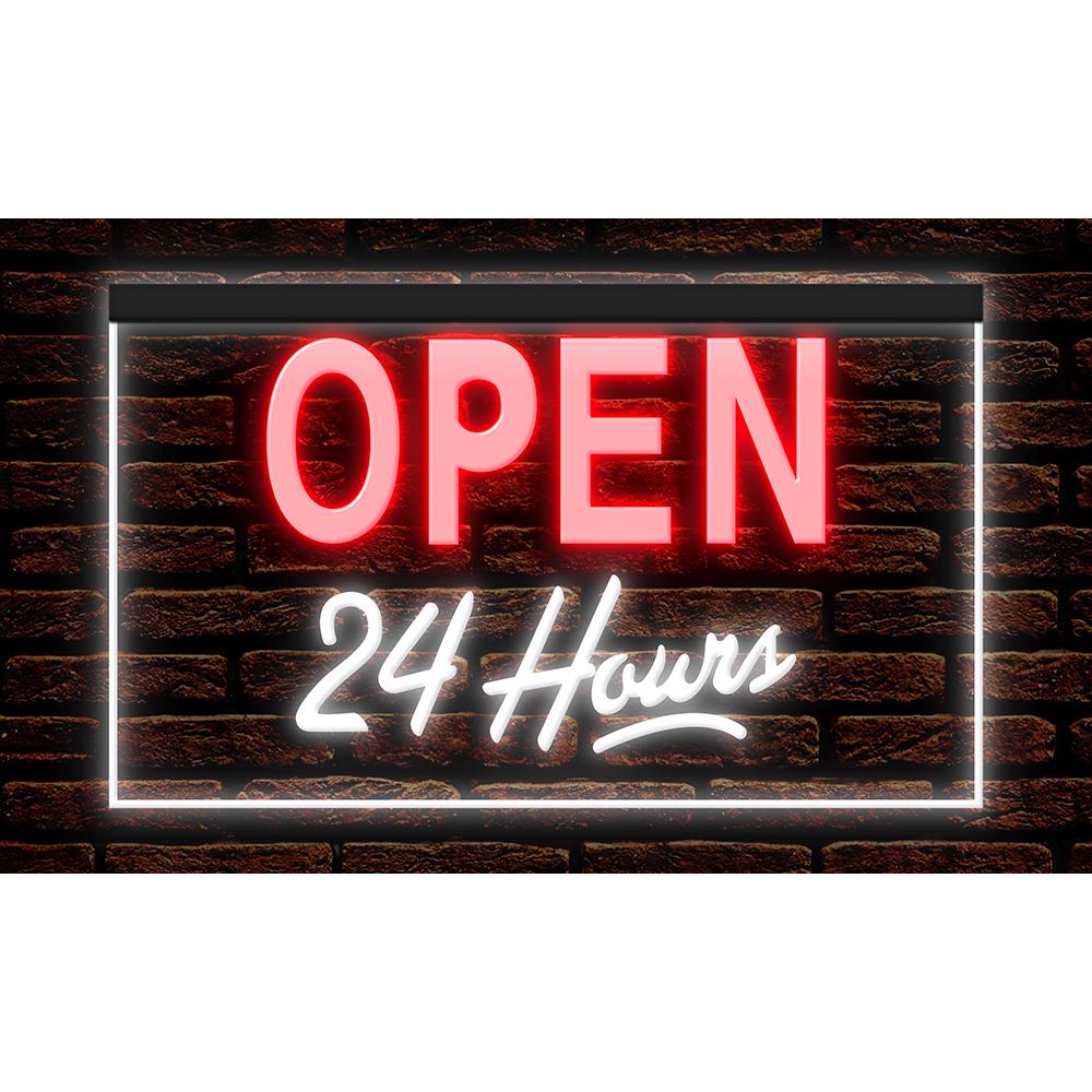 Open 24 Hours LED Neon Sign, Bar Shop Decor, Dual Color Options